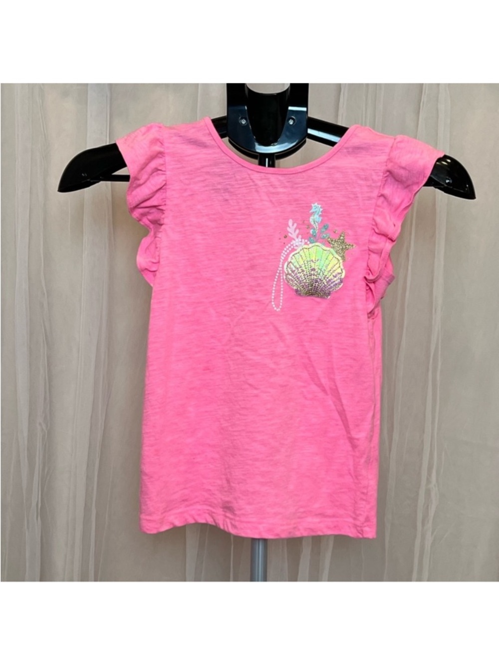 Girls Size 7 Pink Seashell Graphic Tee with Ruffle Sleeves